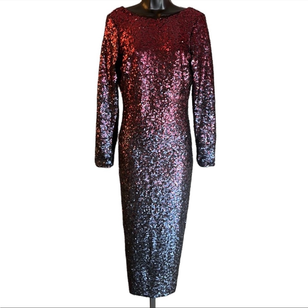 Dress the Population Large Red & Blue Sequin Dress Ombre Long Sleeve
